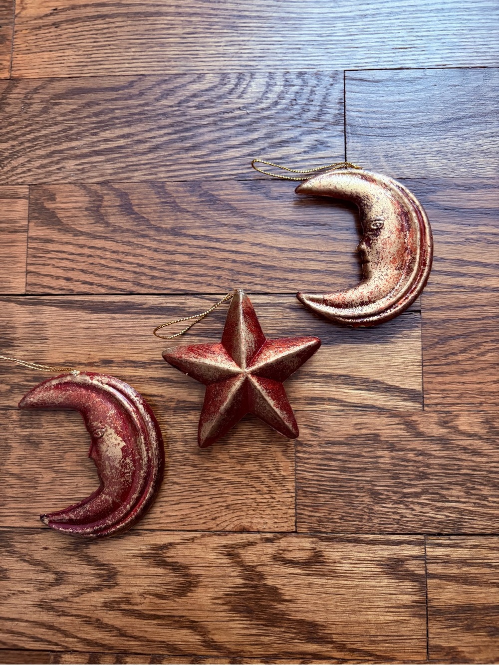 Lot of 3 Vintage Celestial Moon Star Christmas Holiday Ornament Red Gold Rustic